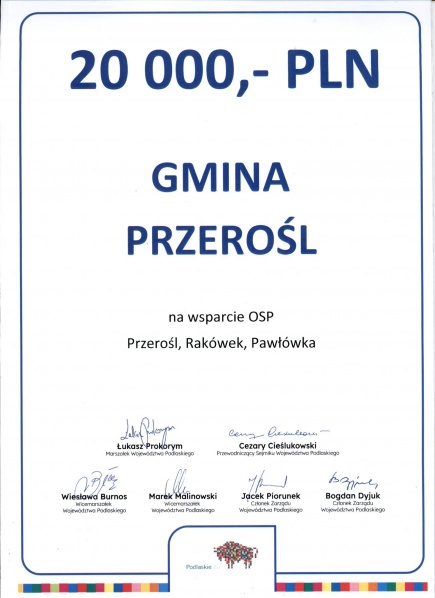 Podpisanie umowy dotacji celowej w wysokości 20 000 zł z przeznaczeniem dla jednostek Ochotniczych Straży Pożarnych z terenu Gminy Przerośl
