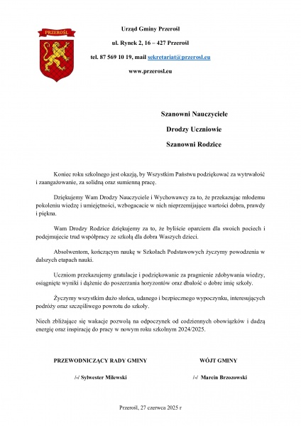 List z okazji zakończenia roku szkolnego