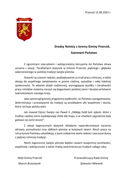 List z okazji dożynek gminnych
