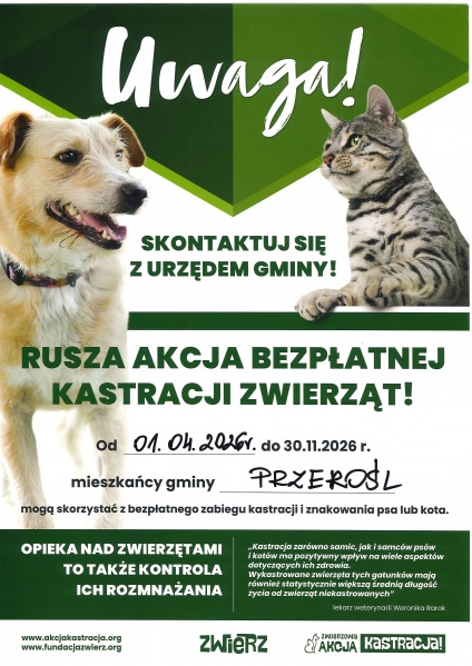 Od 01.04.2026 r. do 30.11.2026 r. rusza akcja bezpłatnej kastracji zwierząt